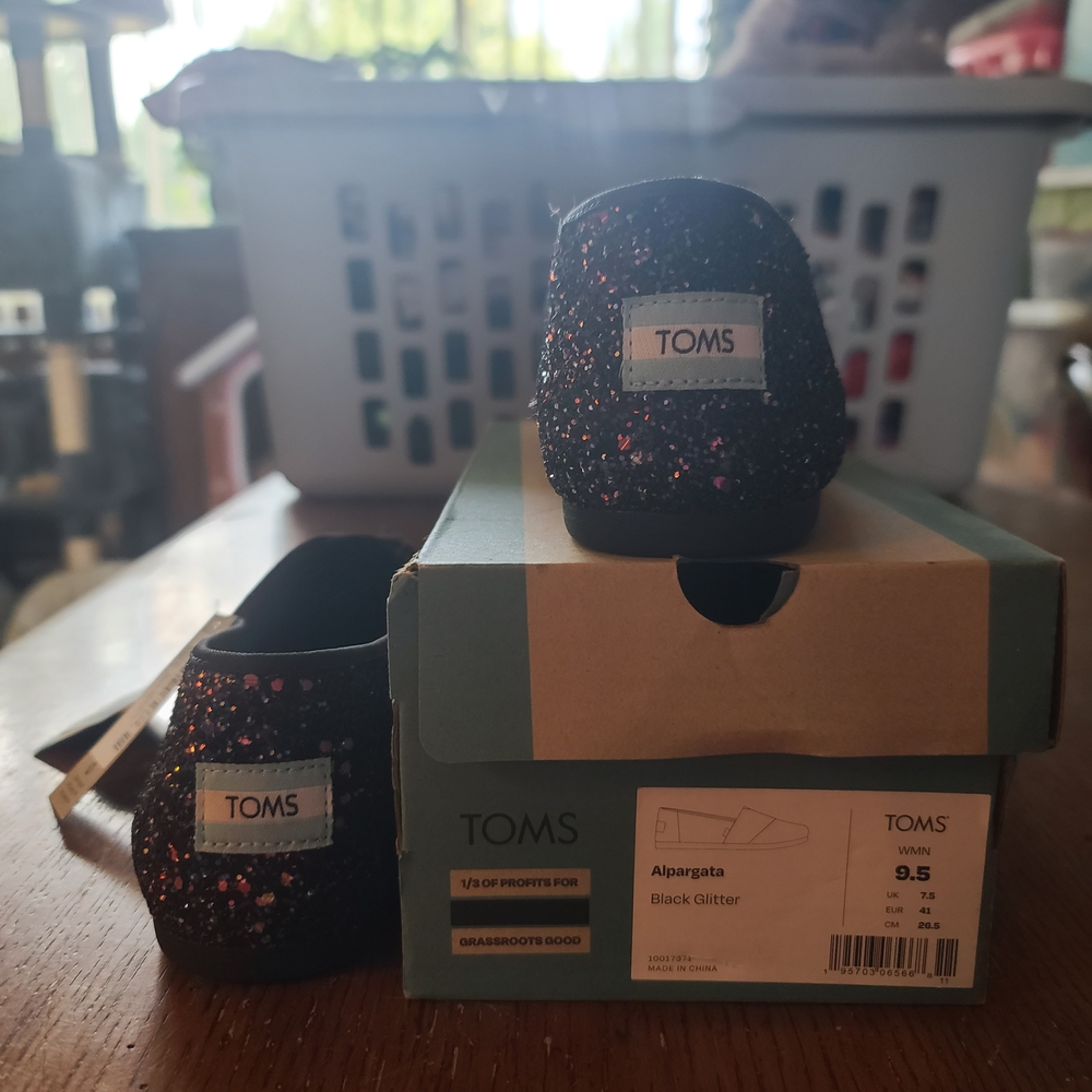 TOMS Black and Red Sparkle Alpargata Shoes